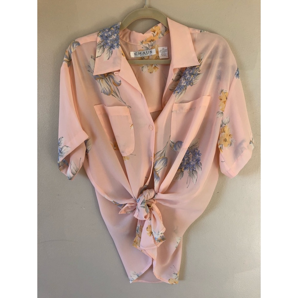 Vintage Peach Floral Button Down Blouse
